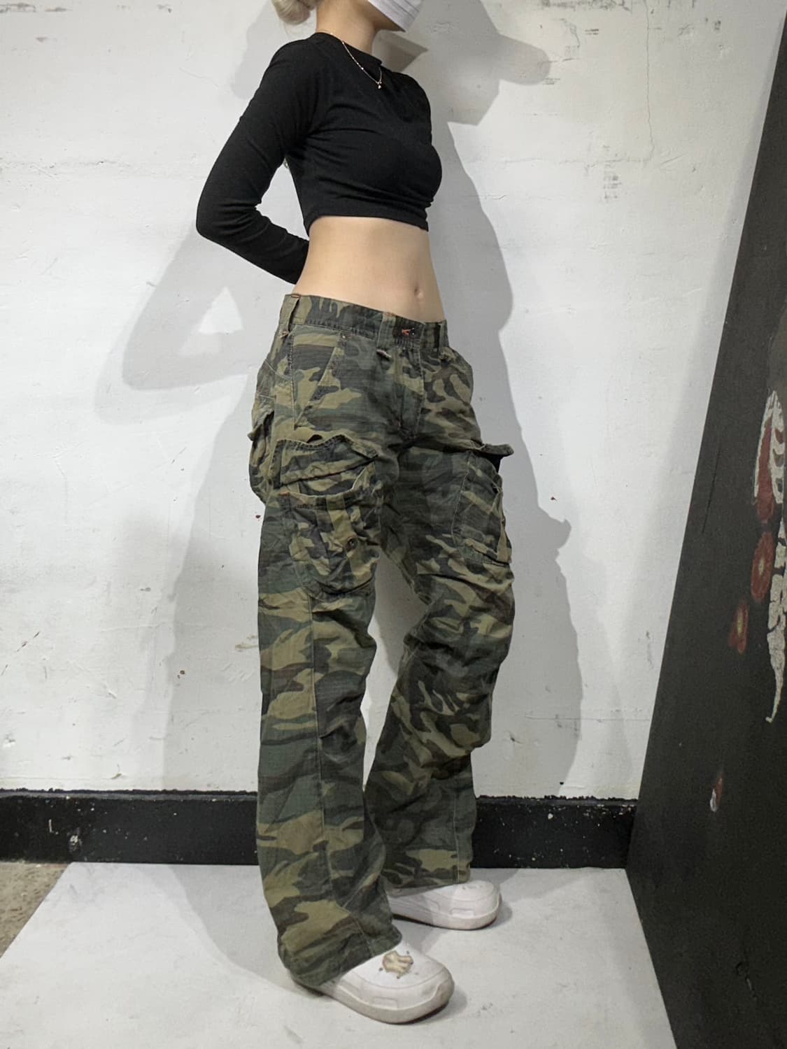 빈티지 베이지 립스타 포켓 디테일 카모 와이드 카고 팬츠 M 상품이미지1