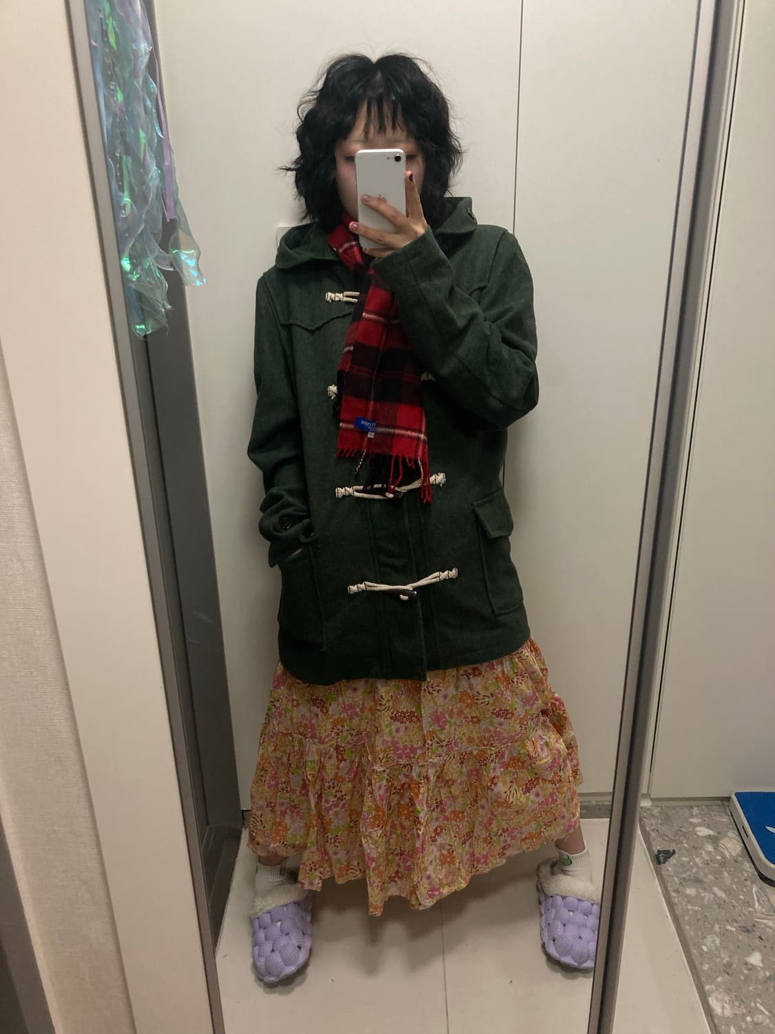 하구미룩 모리걸 아무깔 펑크 타탄체크 말차 떡코 잔꽃 롱스커트 목도리  상품이미지2