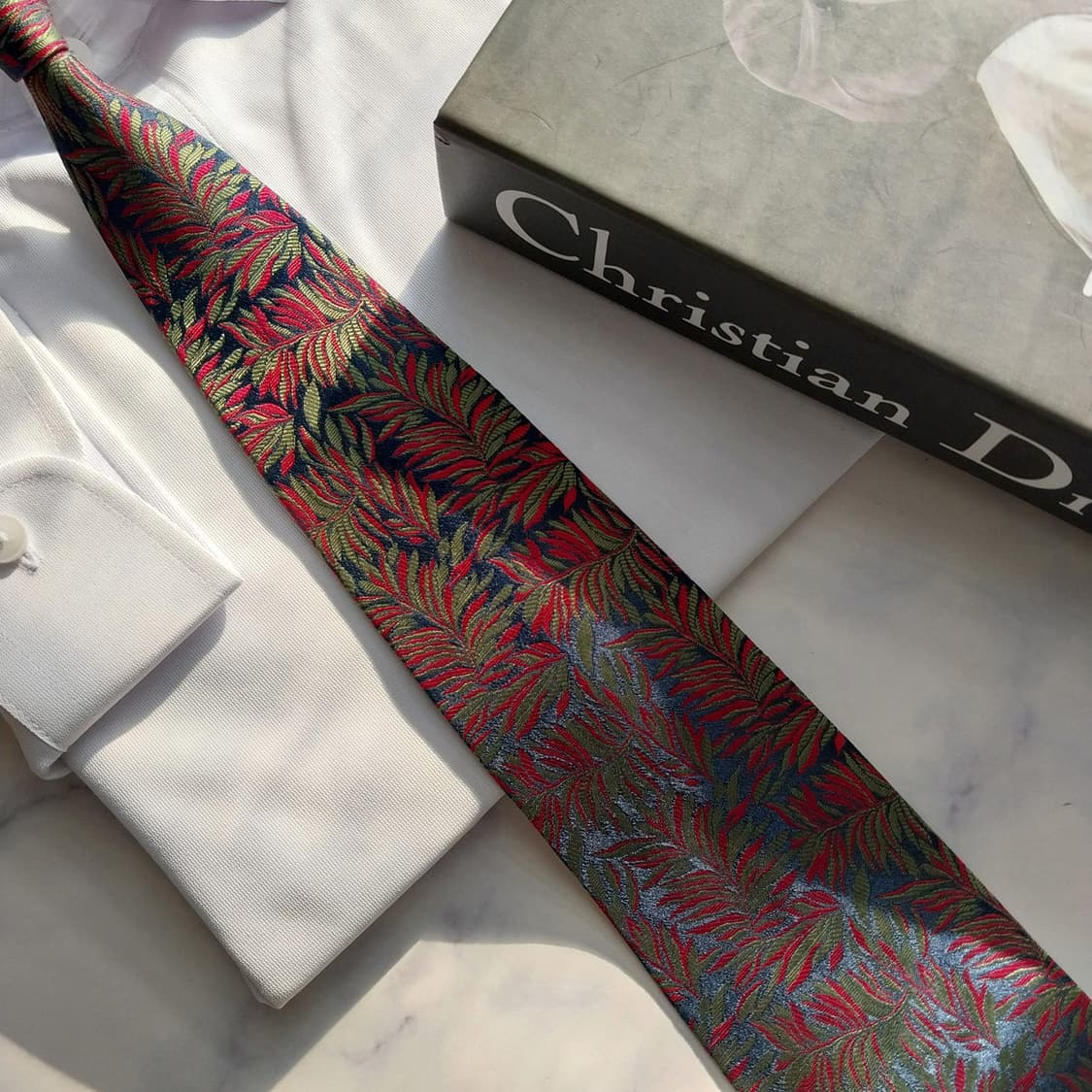 크리스찬 디올 실크 네이비 리프 자카드 넥타이 9cm A+등급 K1871 상품이미지7