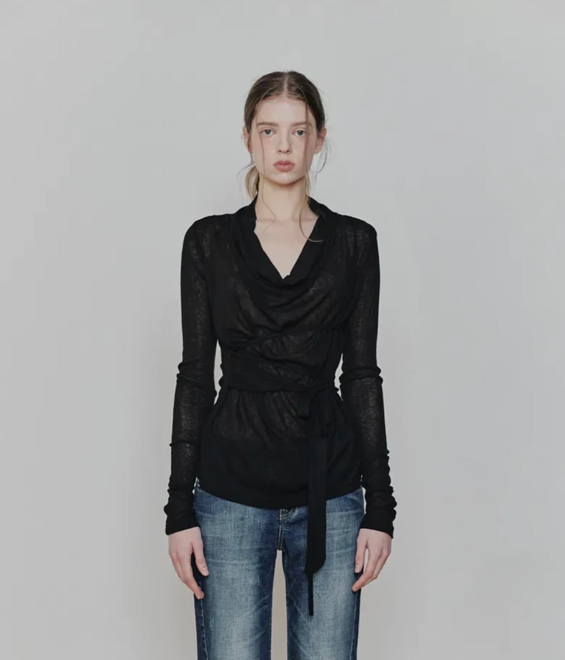페인오어플레져 LILY COWL RIBBON TOP black 상품이미지1