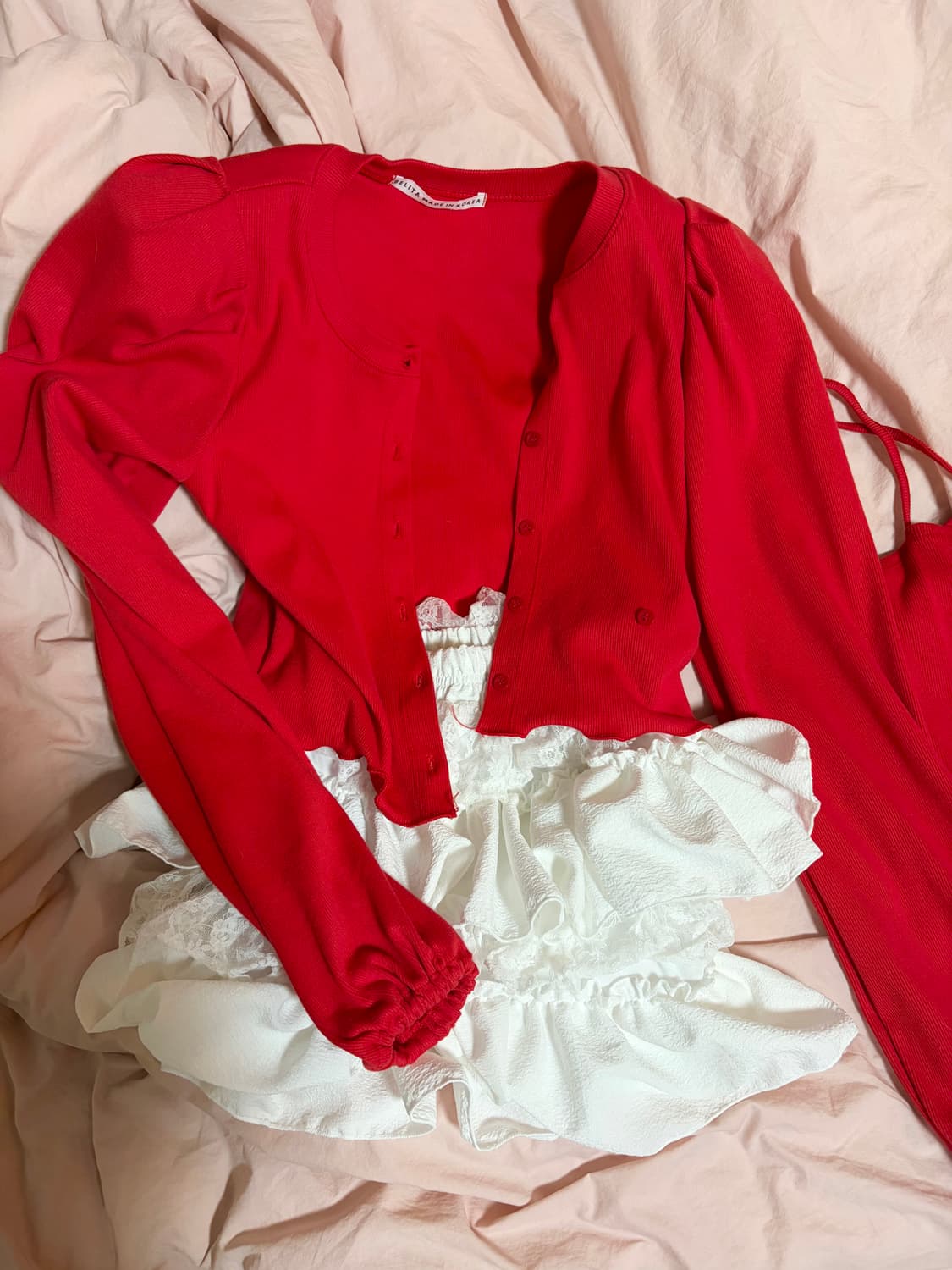 레드 퍼프가디건 (미니탑세트)거의새옷/어깨패드 상품이미지1