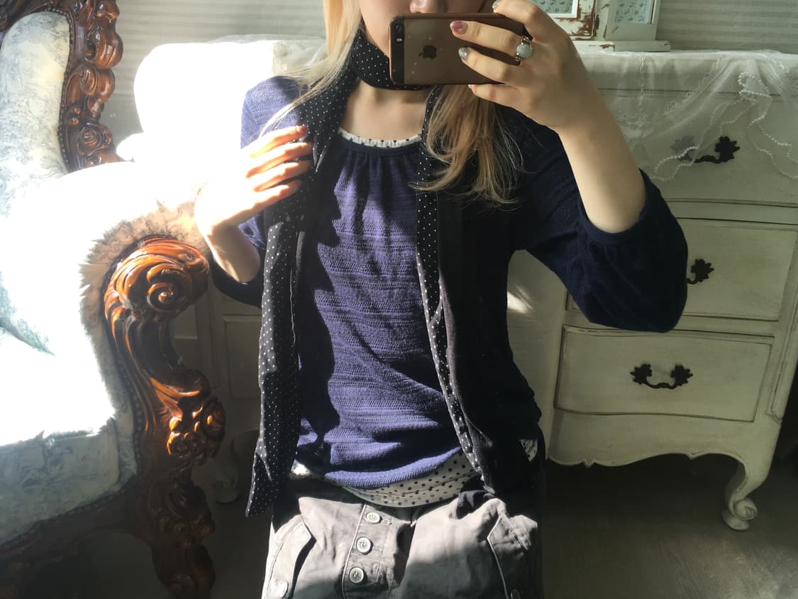 일본빈티지 네이비 셔링 7부 도트 레이어드 탑 상품이미지1