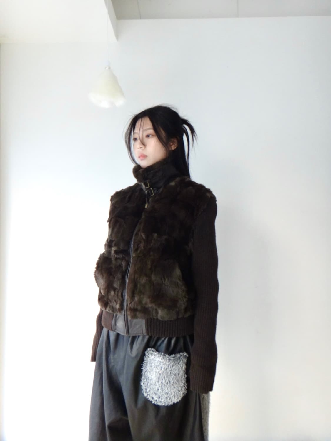 SHESMISS fur mix leather jacket / brown 상품이미지4