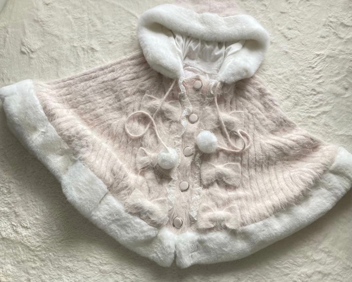 리즈리사 연핑크 후드 폼폼이 리본 케이프 판초 양산형 히메갸루 상품이미지1