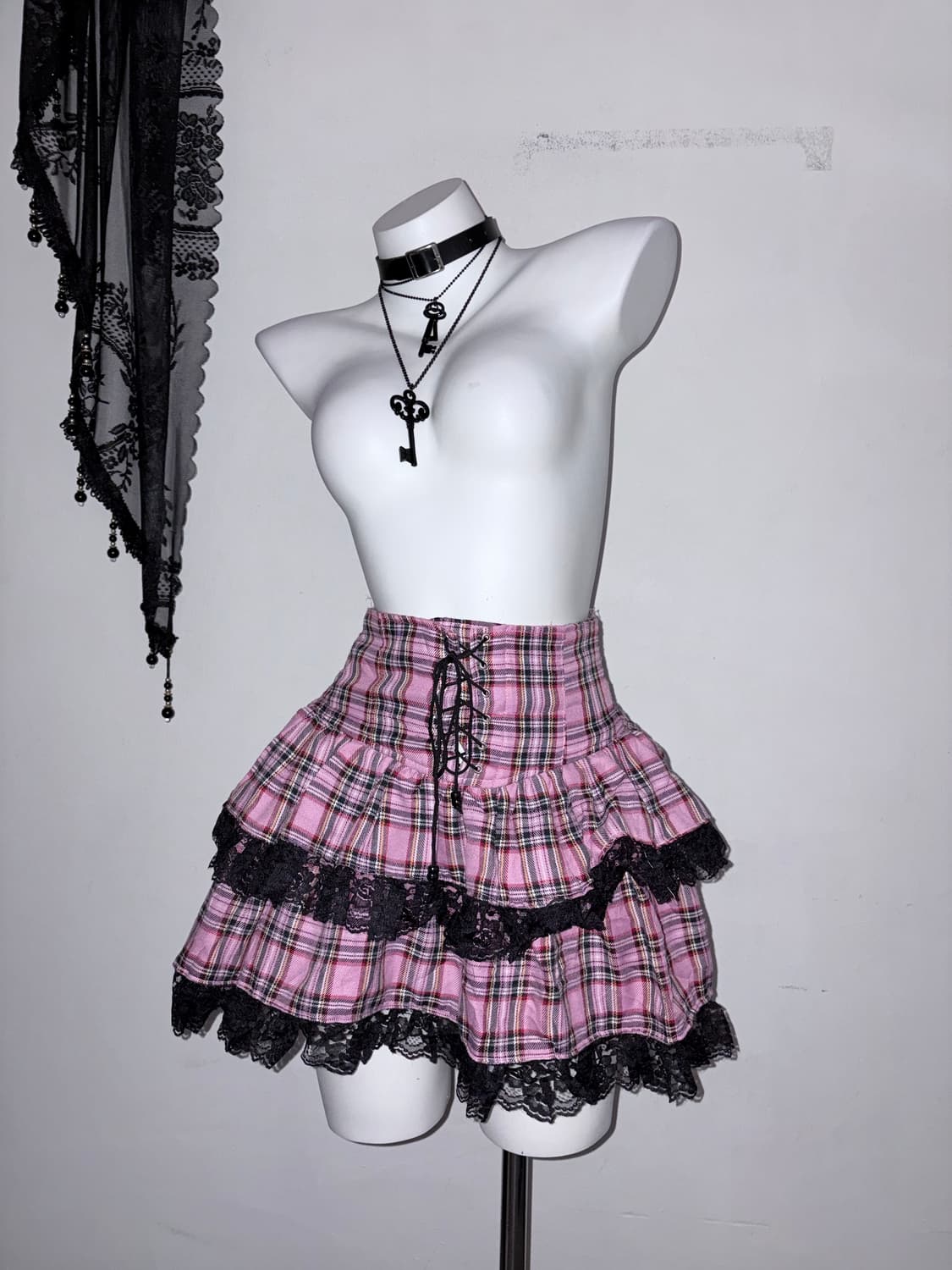 고스로리 핑크 체크 갸루 코르셋 프릴 스커트 고딕 로리타 히메갸루 상품이미지6
