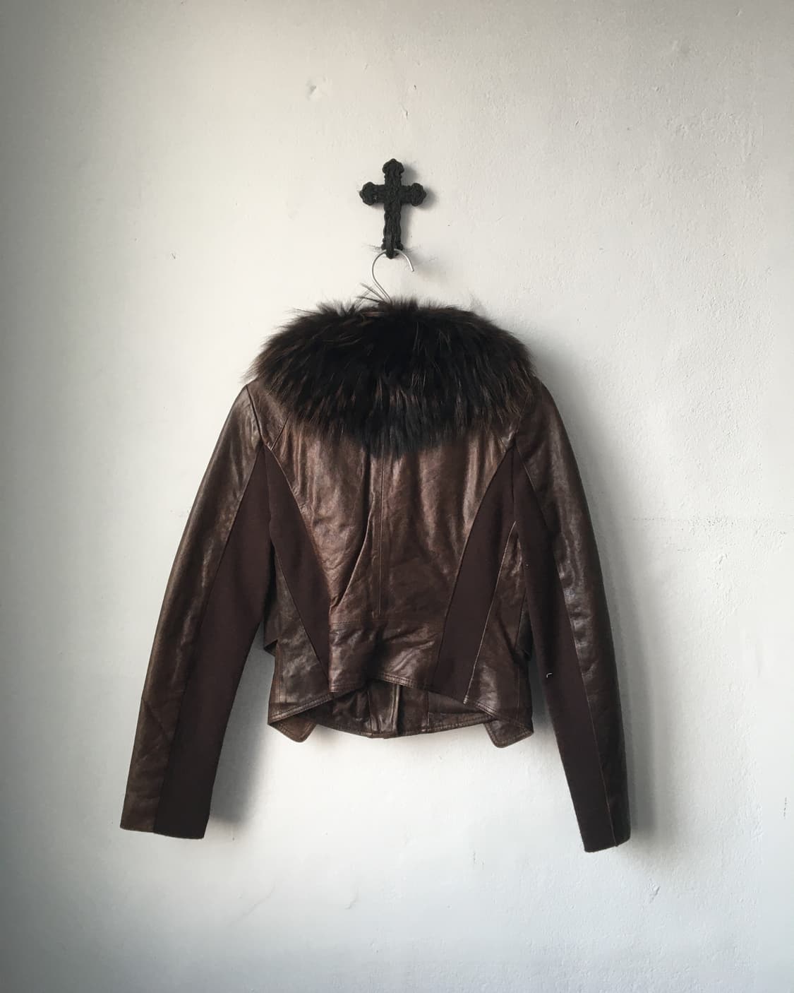 Raccoon fur collar leather jacket 상품이미지3