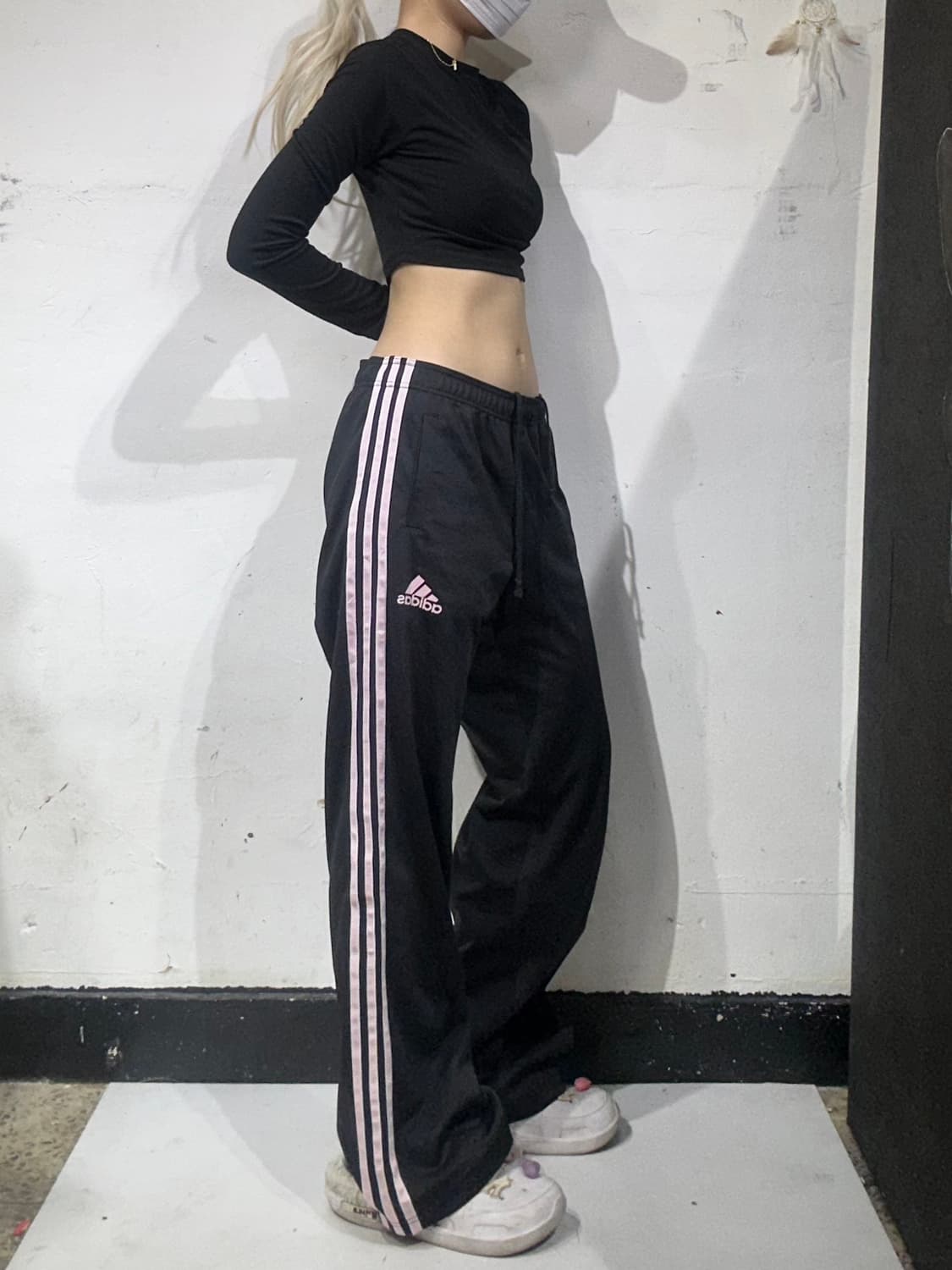 아디다스 블랙 와이드 핑크 삼선 스몰 로고 팬츠 M 상품이미지1