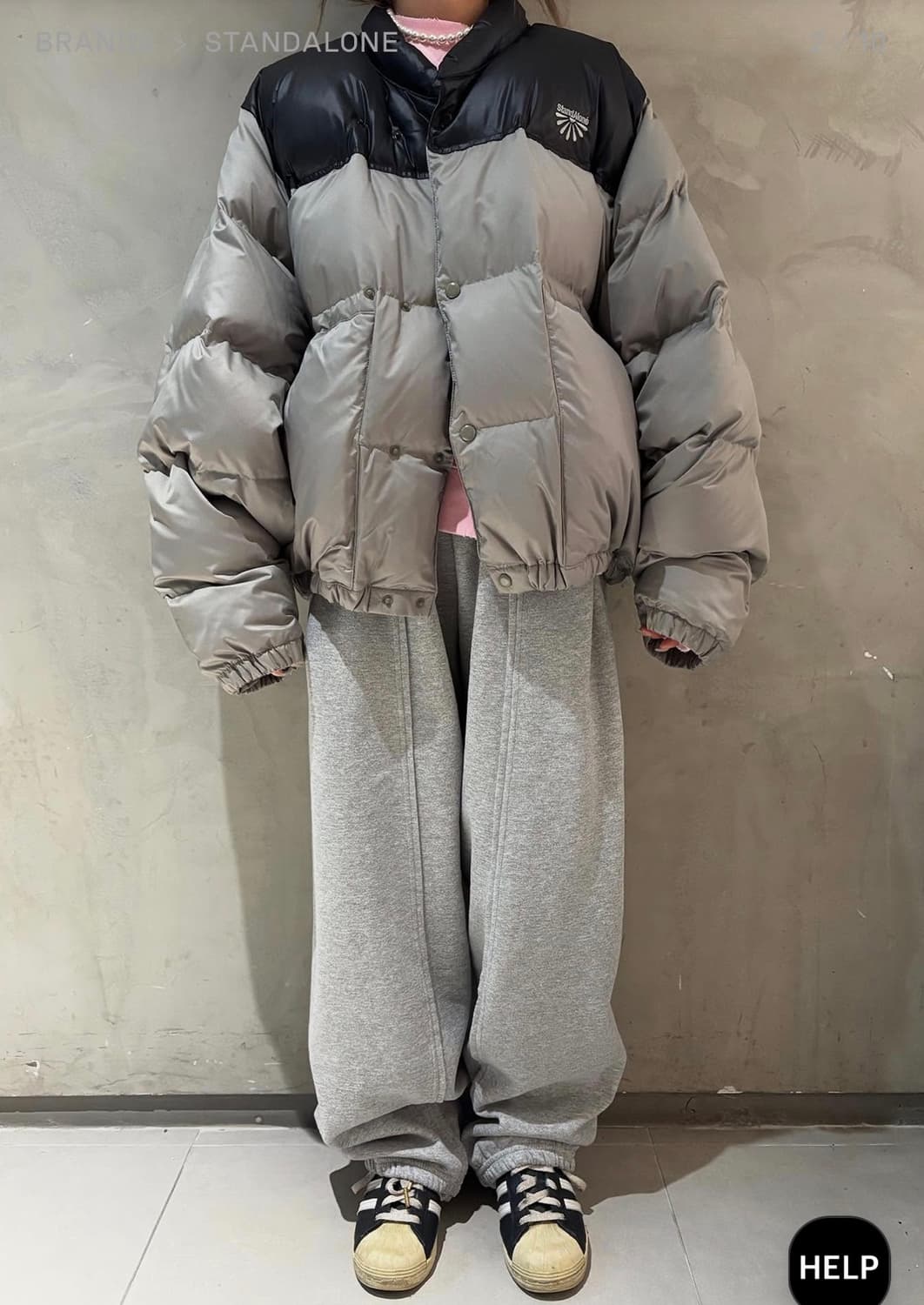 스탠드얼론 오버사이즈 칼라블록다운 푸퍼, 올리브 스몰(S) 상품이미지3