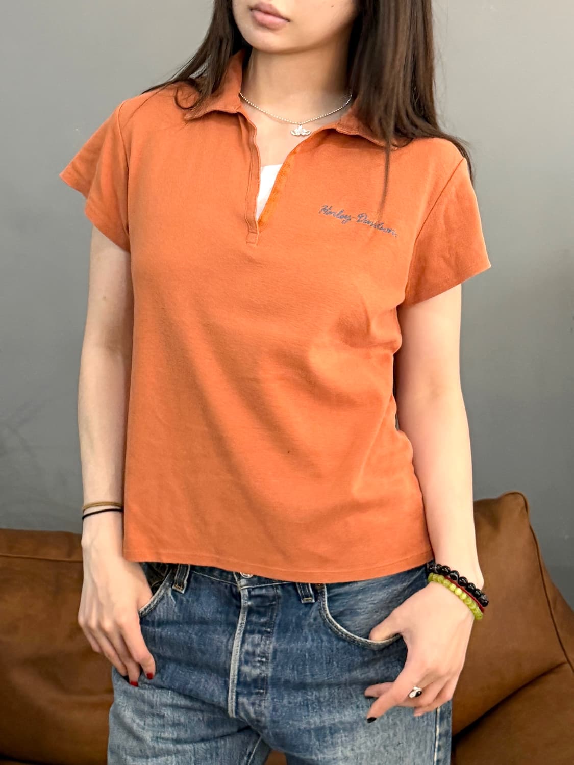 00’s 빈티지 할리데이비슨 브라운 카라 반팔티 상품이미지1