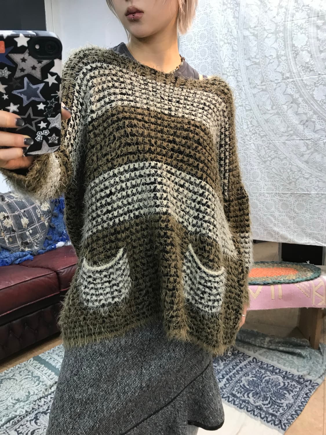 빈티지 여성 스트라이프 포켓7부 라운드 니트  상품이미지2