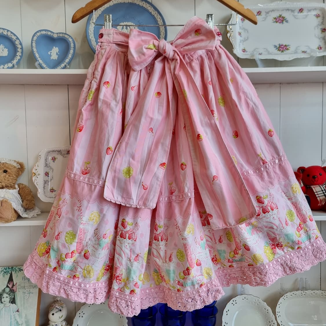 핑크 스트라이프 과일 패턴 레이스 스커트 상품이미지6