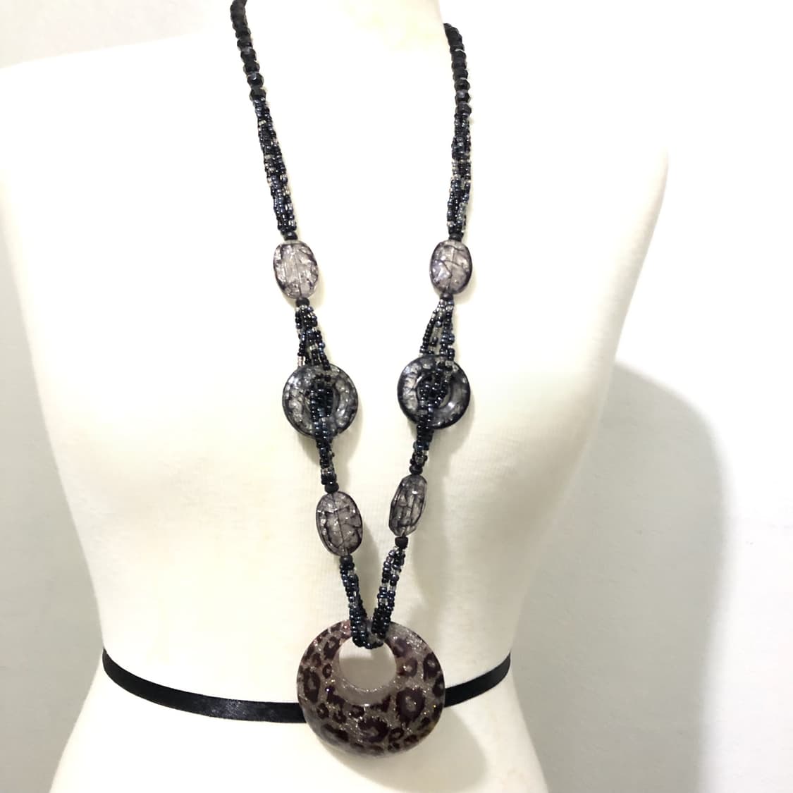 빈티지 호피 원형 펜던트 비즈 롱목걸이 갸루 펑크 긱시크 오리엔탈 상품이미지1