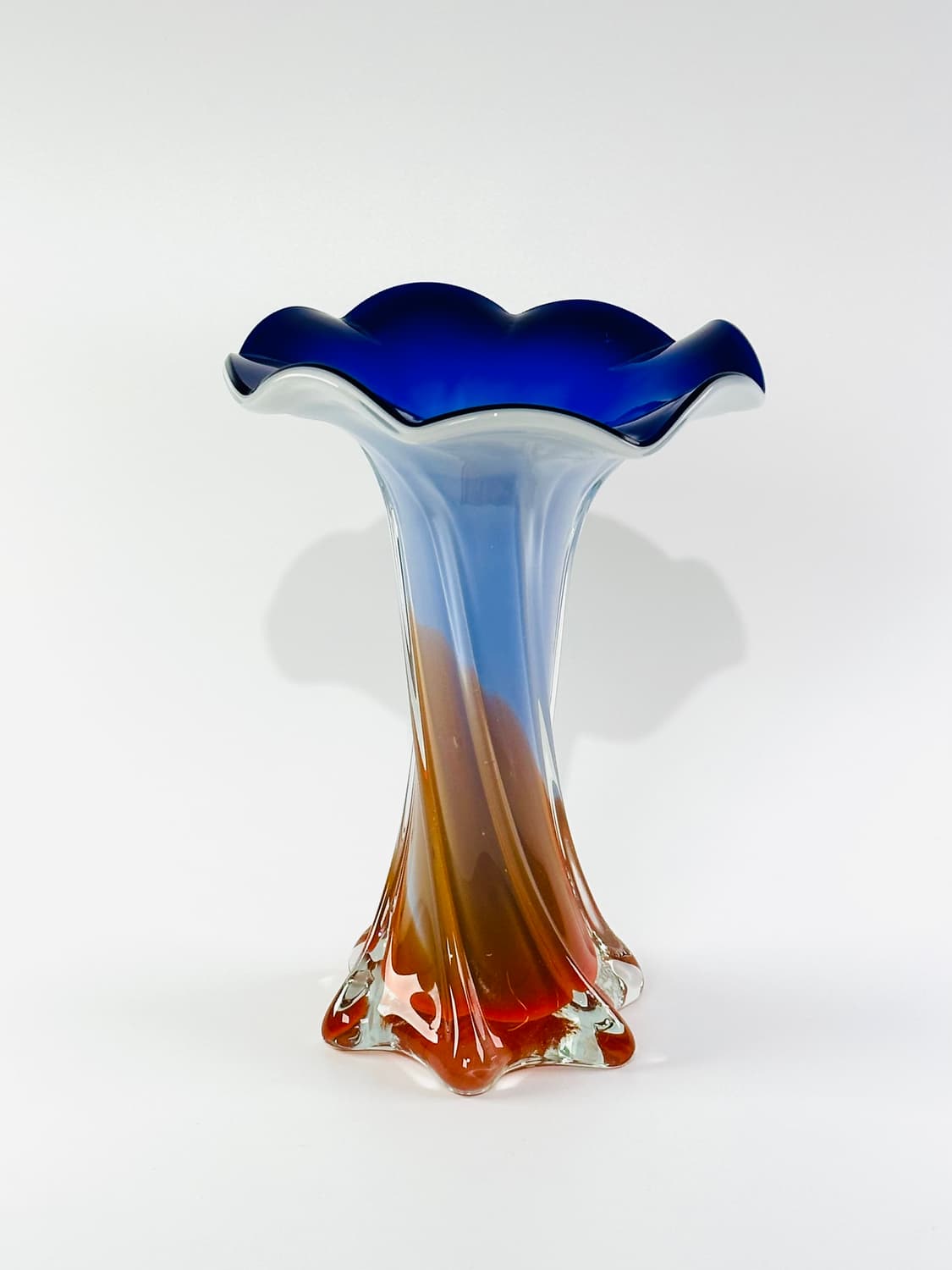 빈티지 무라노 아트글라스 블루 오렌지 러플 화병 상품이미지1