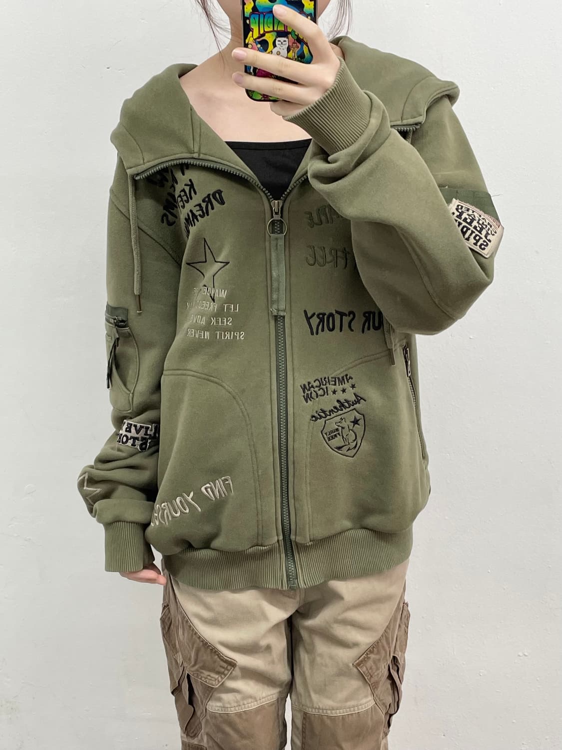 지프 카키 자수 후드집업 상품이미지5