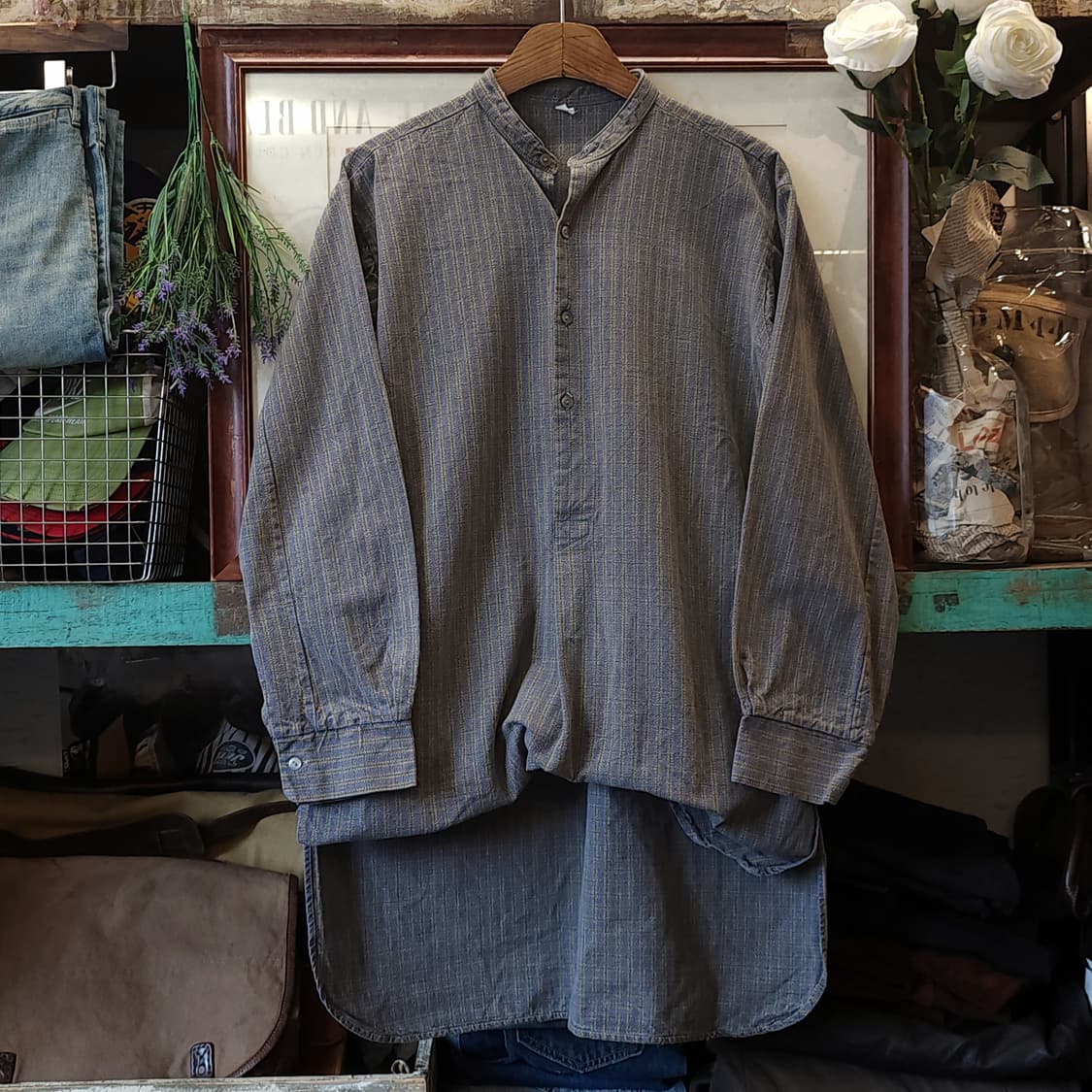 60s 프랑스 워크셔츠 헤비코튼 프렌치 셔츠 퍼플 그레이 롱 튜닉 셔츠L 상품이미지1