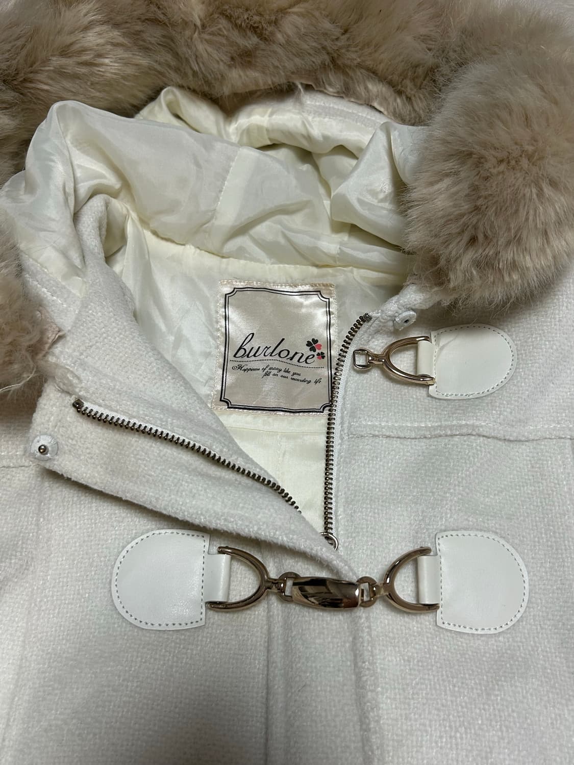 일본 빈티지 Burlone 양산형 달천 아이보리 퍼 후드 버클 코트 상품이미지3