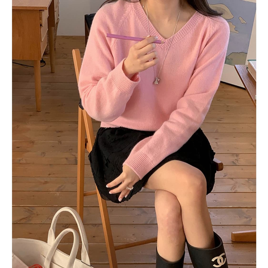 미엘 miel 캐시미어 울 니트 하이 브이넥 니트 핑크 상품이미지2