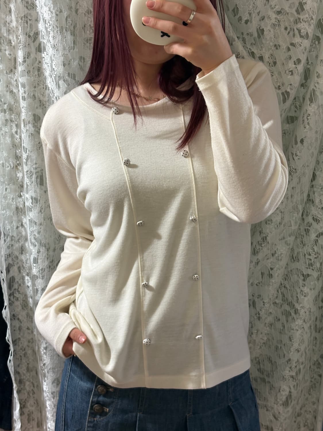 화이트 도트 핀 버튼 탑 상품이미지2