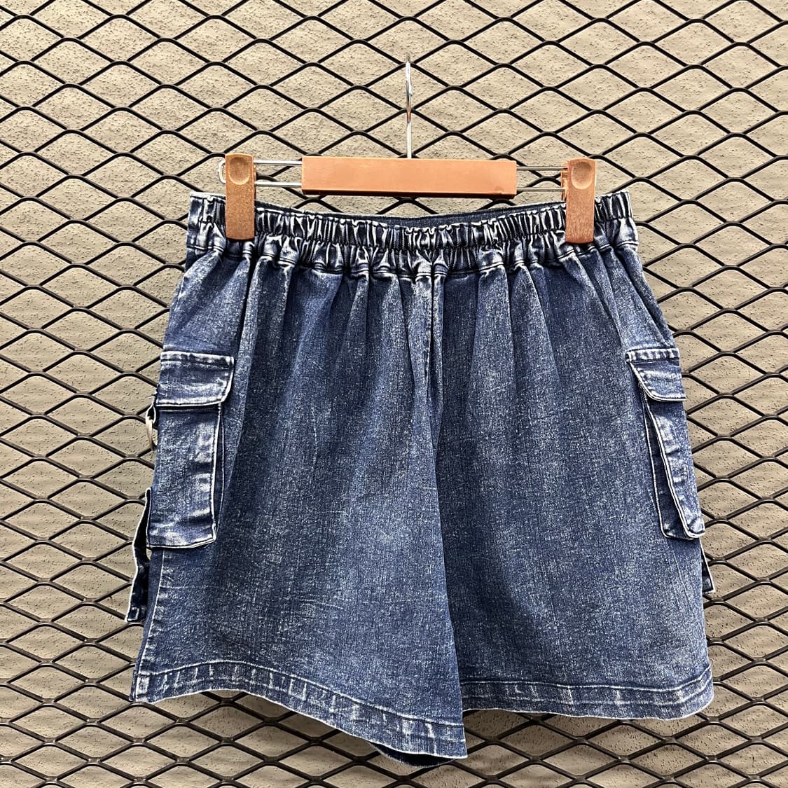 JPN VINTAGE 데님 숏 팬츠 랩 스커트 카고 뒷밴딩 진청 치마바지 상품이미지3