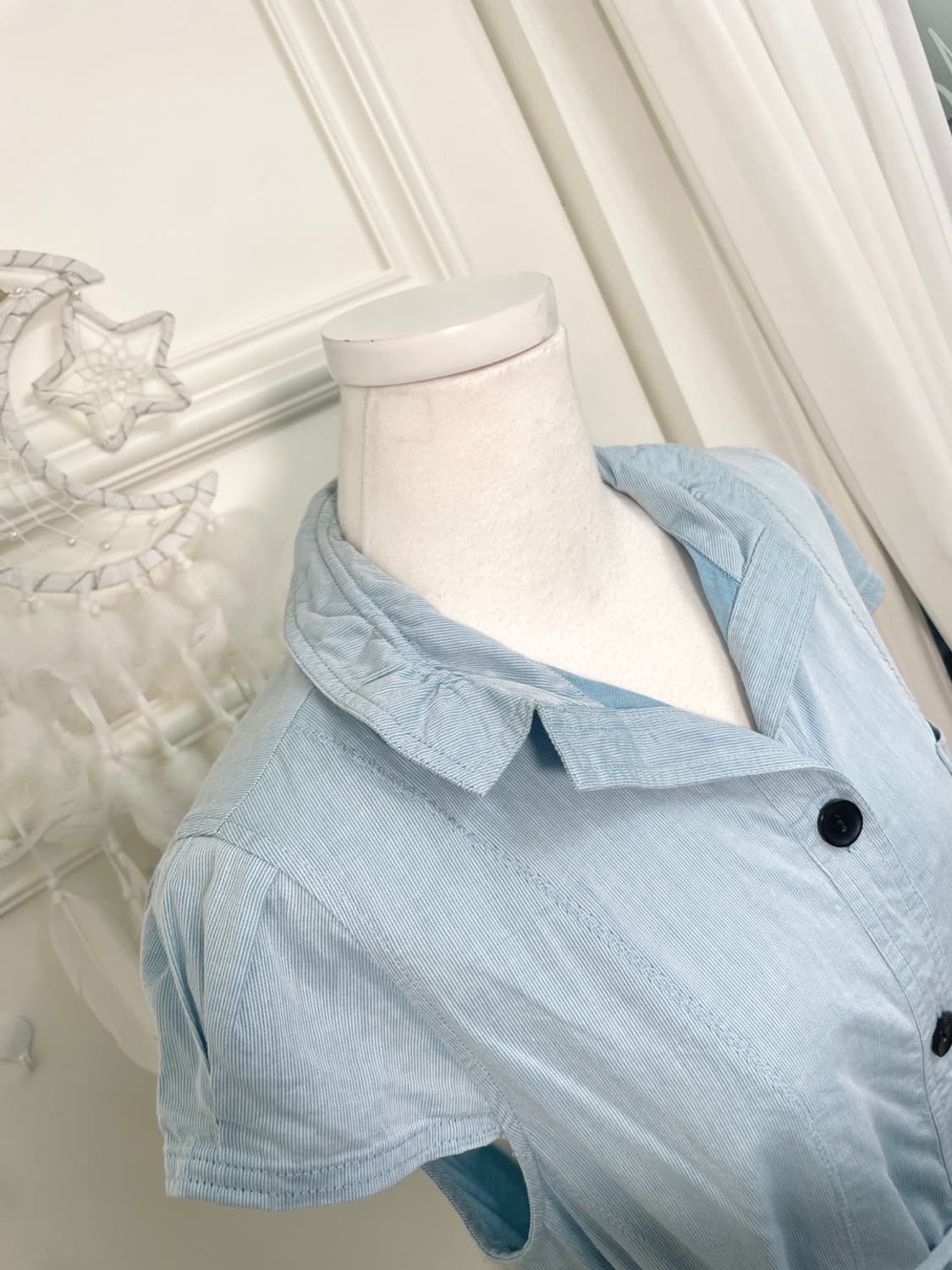 sky blue puff sleeve cotton belt mini op 상품이미지6