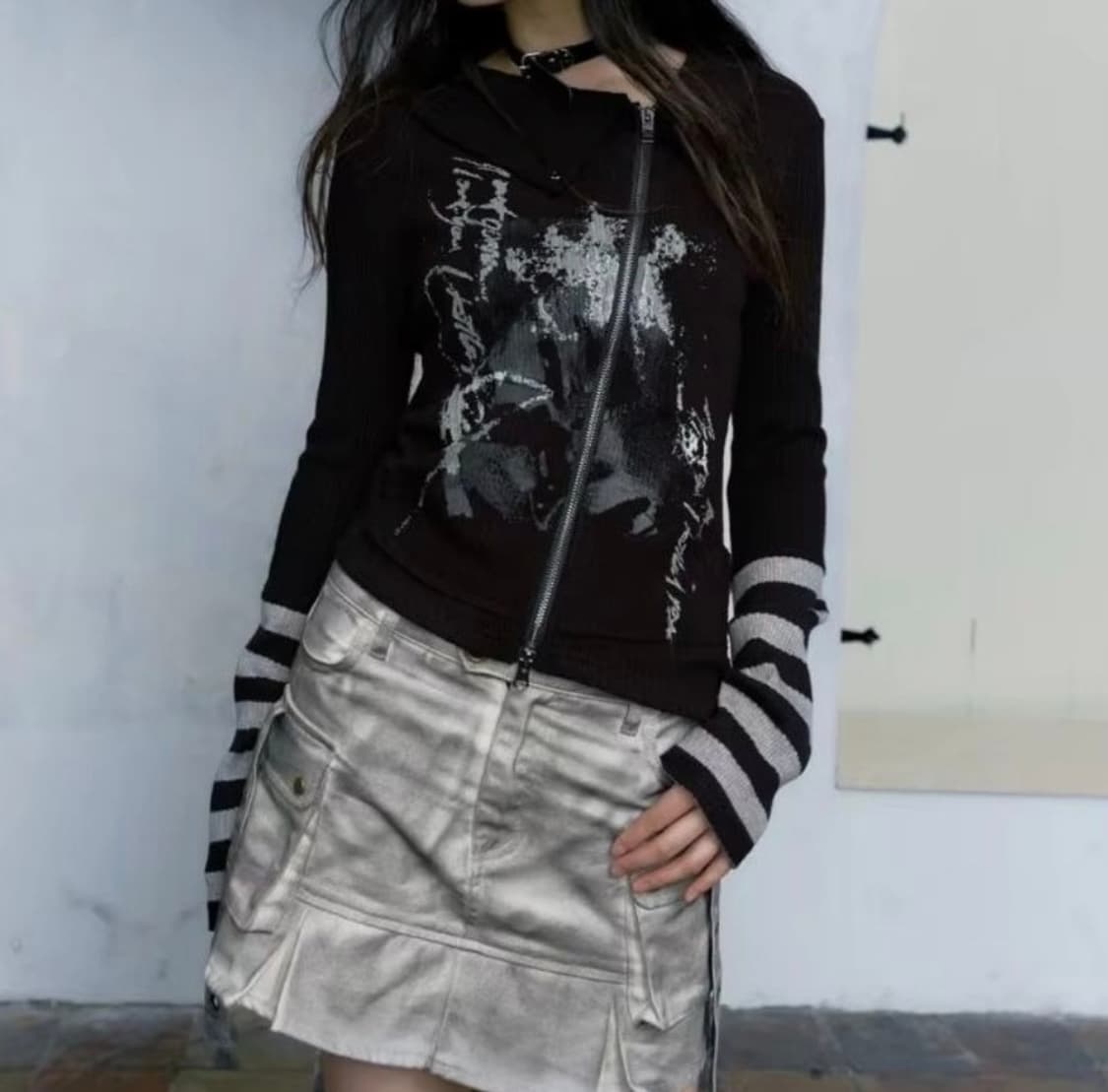 그런지 프린트 집업 티셔츠 락시크 그런지 지뢰계 갸루 긱시크 상품이미지4