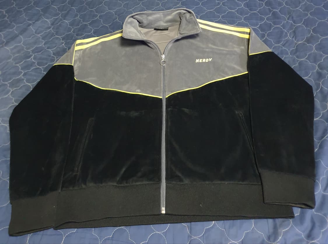 널디 오버사이즈 벨벳 배색 져지 집업자켓 블랙&그레이 (S) 상품이미지1