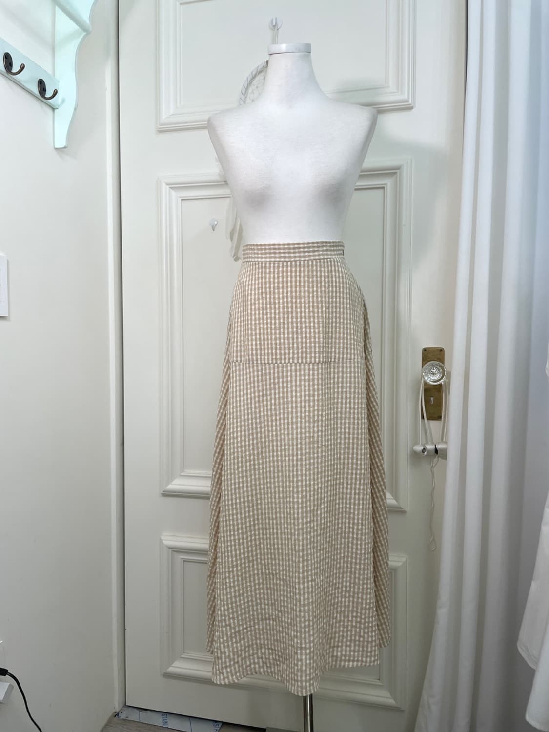 beige gingham check banding long skirt 상품이미지1