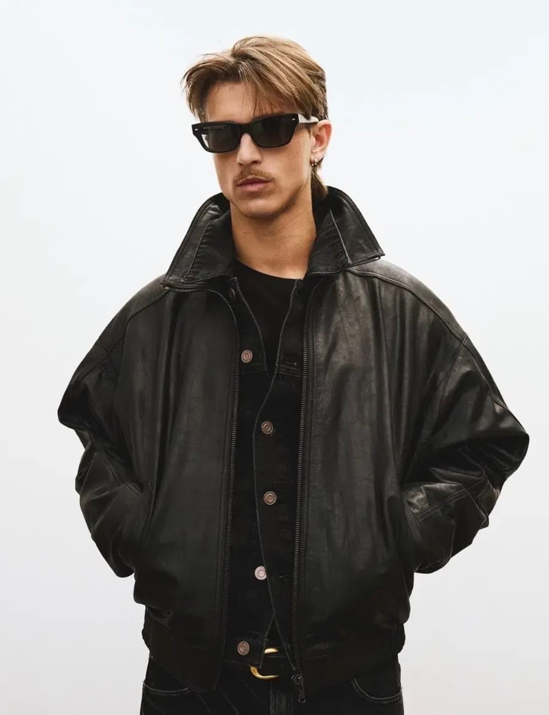 [M] 렉토 빈티지 크랙 이펙트 하이넥 레더 가죽 점퍼 자켓 블랙 상품이미지3