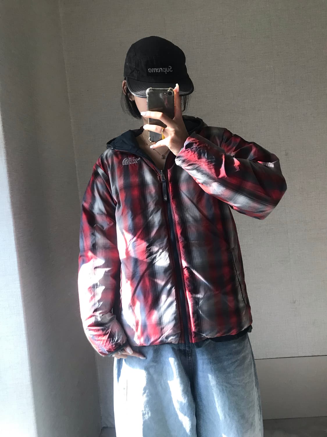 노페 체크 청록 리버시블 패딩 상품이미지5