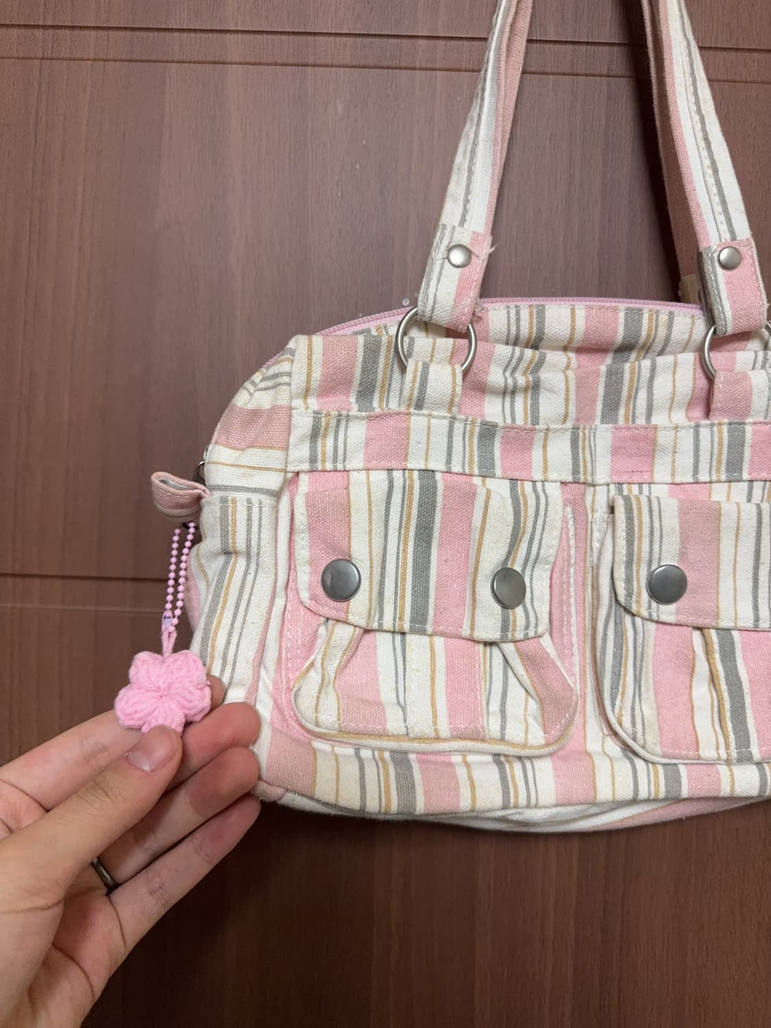 일본 빈티지 모리걸 헤이세이 핑크 스트라이프 핸드백 토트백 모리 가방 상품이미지2