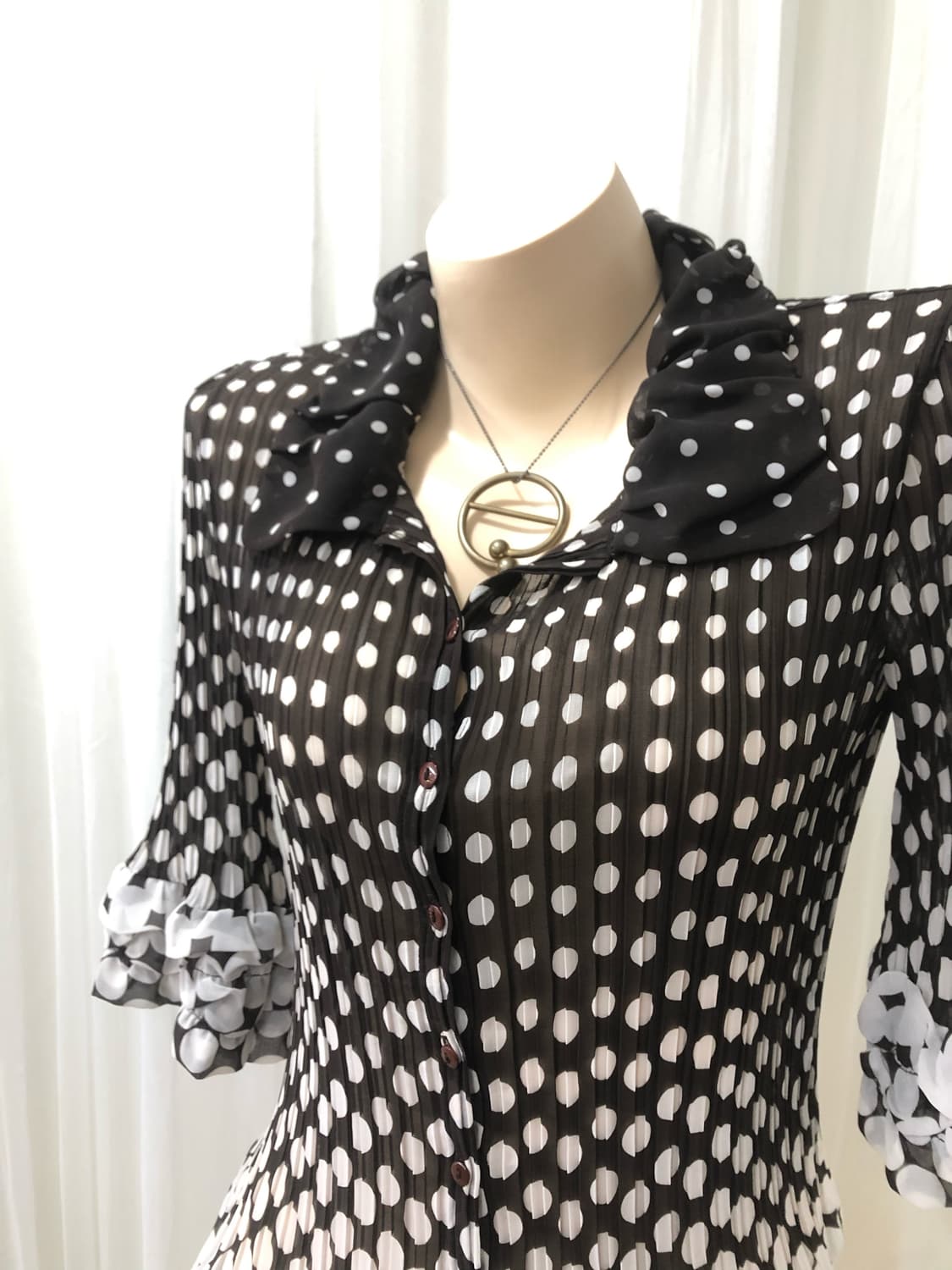brown dot pattern lace sleeve blouse 상품이미지6