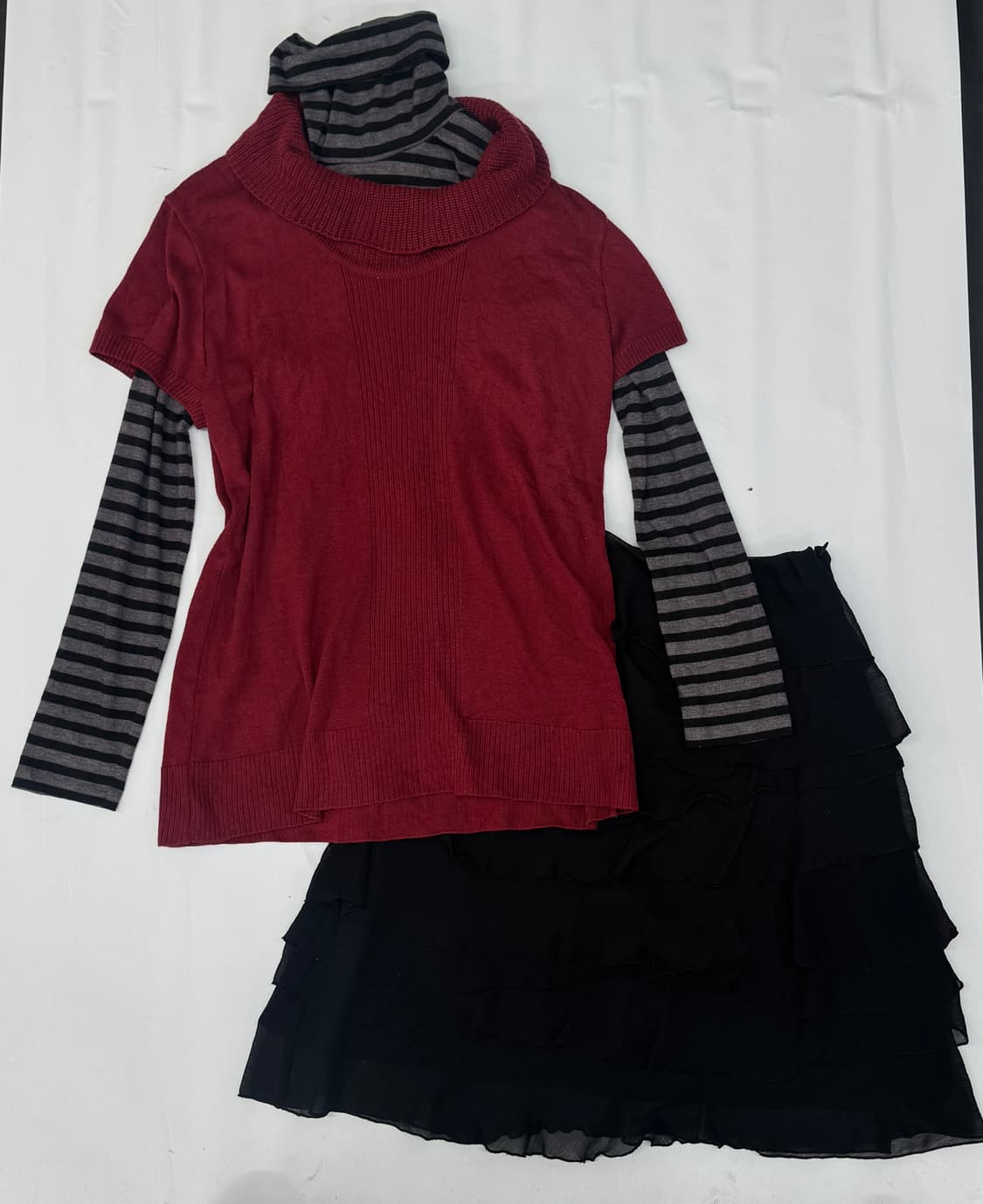 ♥️슈슈룬 쇼콜라 코디세트♥️ 쉬폰 스커트 레드 반팔 니트 레이어드 상품이미지2