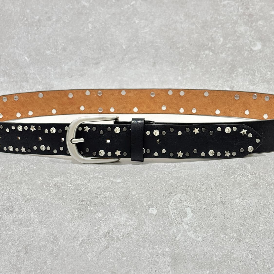 Oribell 트윙클 별 스터드 그로시 소가죽 웨스턴 벨트 블랙 상품이미지3
