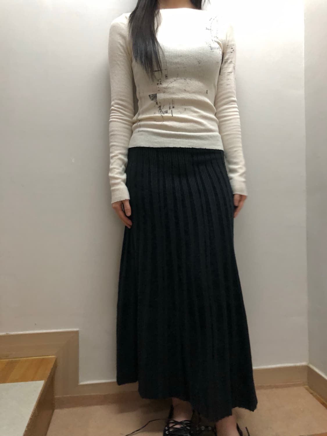 빈티지 블랙 스트라이프 롱 니트 스커트 상품이미지3