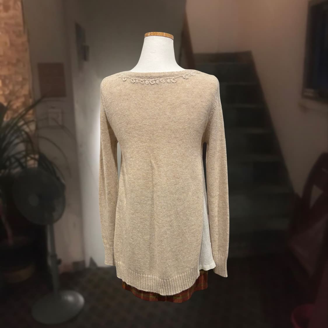 일본 빈티지 오트밀 플라워 자수 배색 울혼방 모리 가디건 상품이미지6