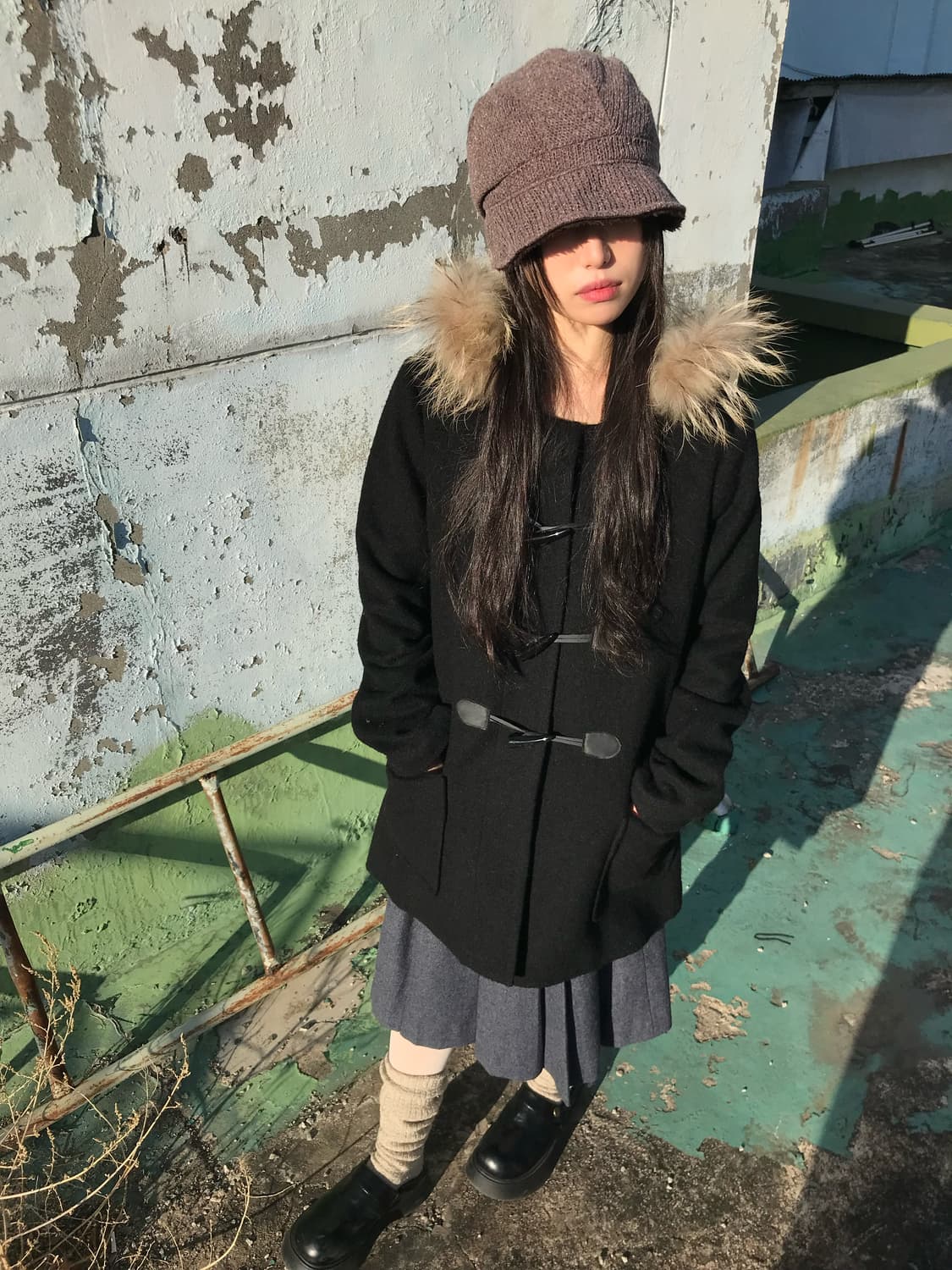 블랙 퍼  더플 코트 상품이미지1