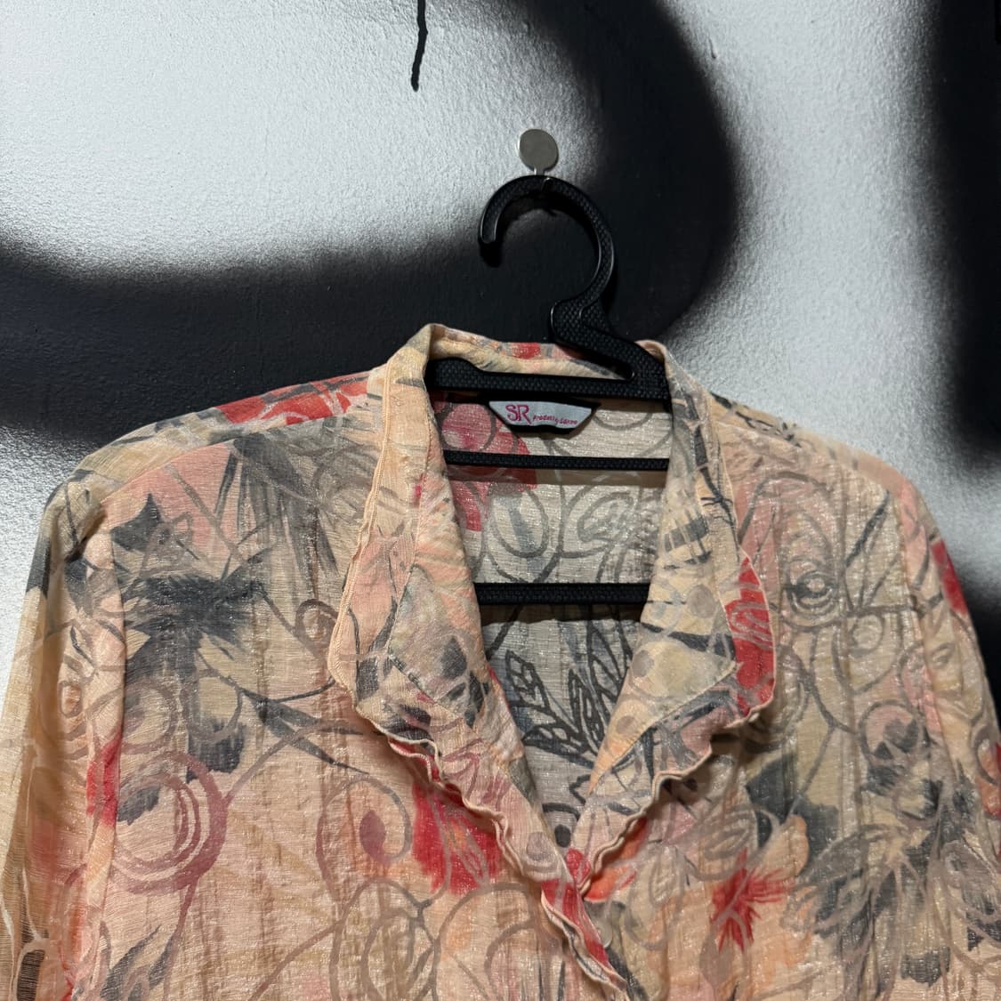 VTG 빈티지 뮤트톤 오리엔탈 플라워 패턴 오간자 시스루 블라우스 자켓 상품이미지3