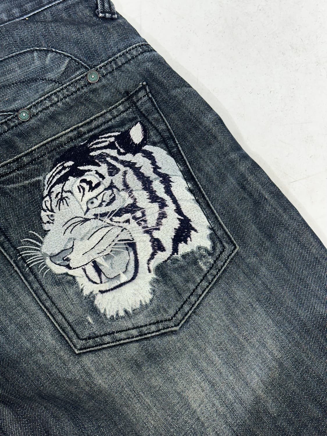 에비수 진청 호랑이 자수 와이드 워싱 데님 힙합 새깅 팬츠 청바지  상품이미지7