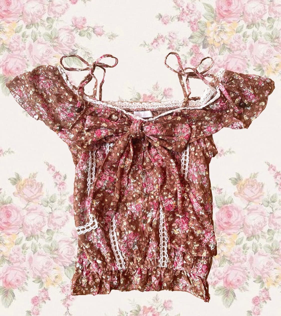 교/판) 리즈리사 히메카지 히메갸루 빅 리본 라떼 플로럴 블라우스 상품이미지1