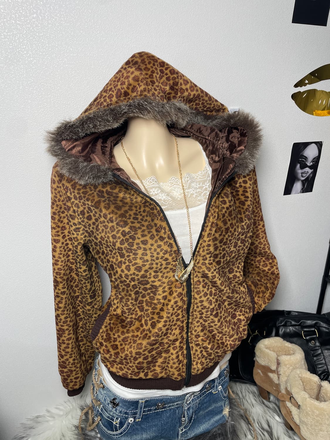 빈티지 호피 퍼 후드집업 갸루 상품이미지1
