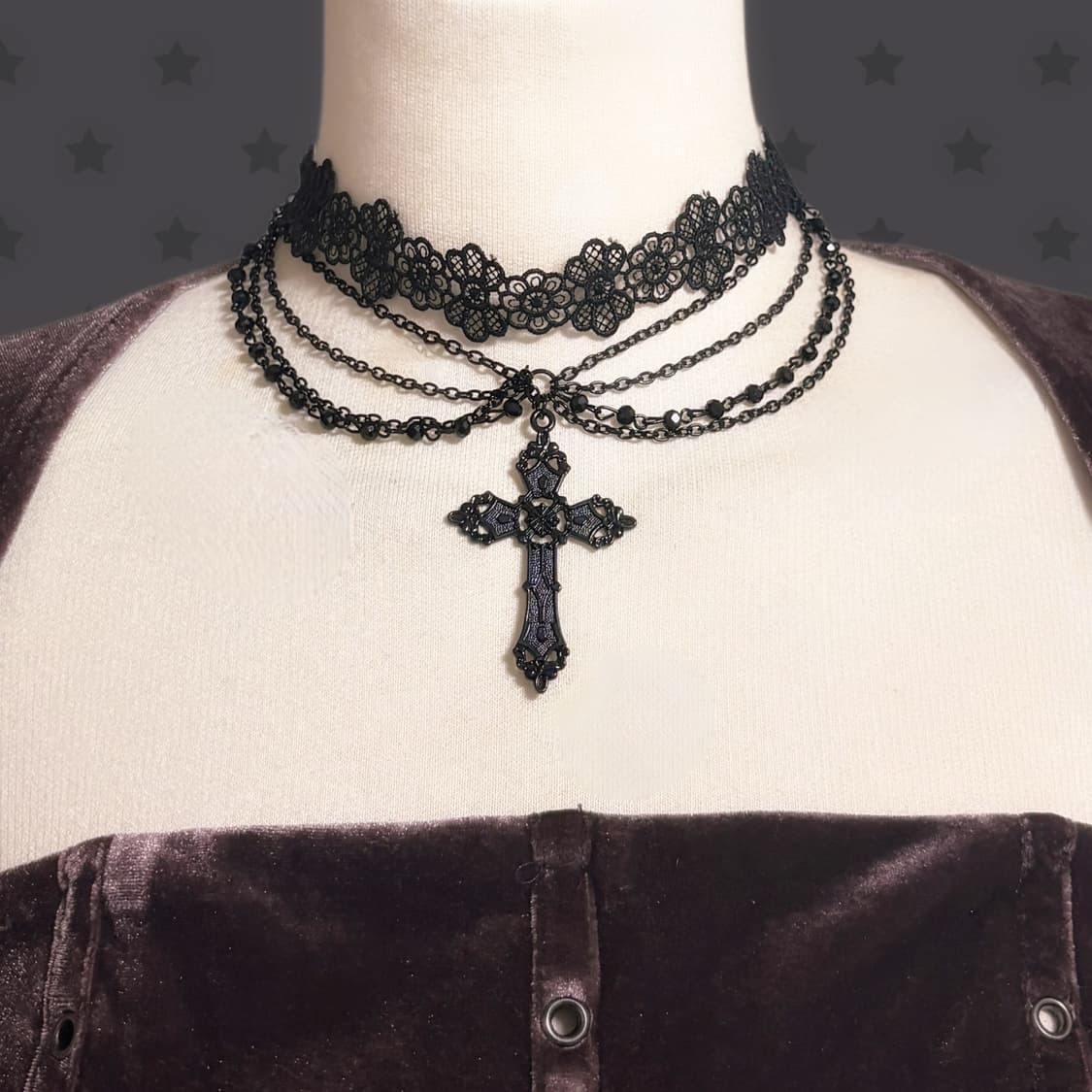 공겜여주 핀터깔 블랙 레이어드 십자가 앤틱 포인트 드롭 초커 상품이미지1