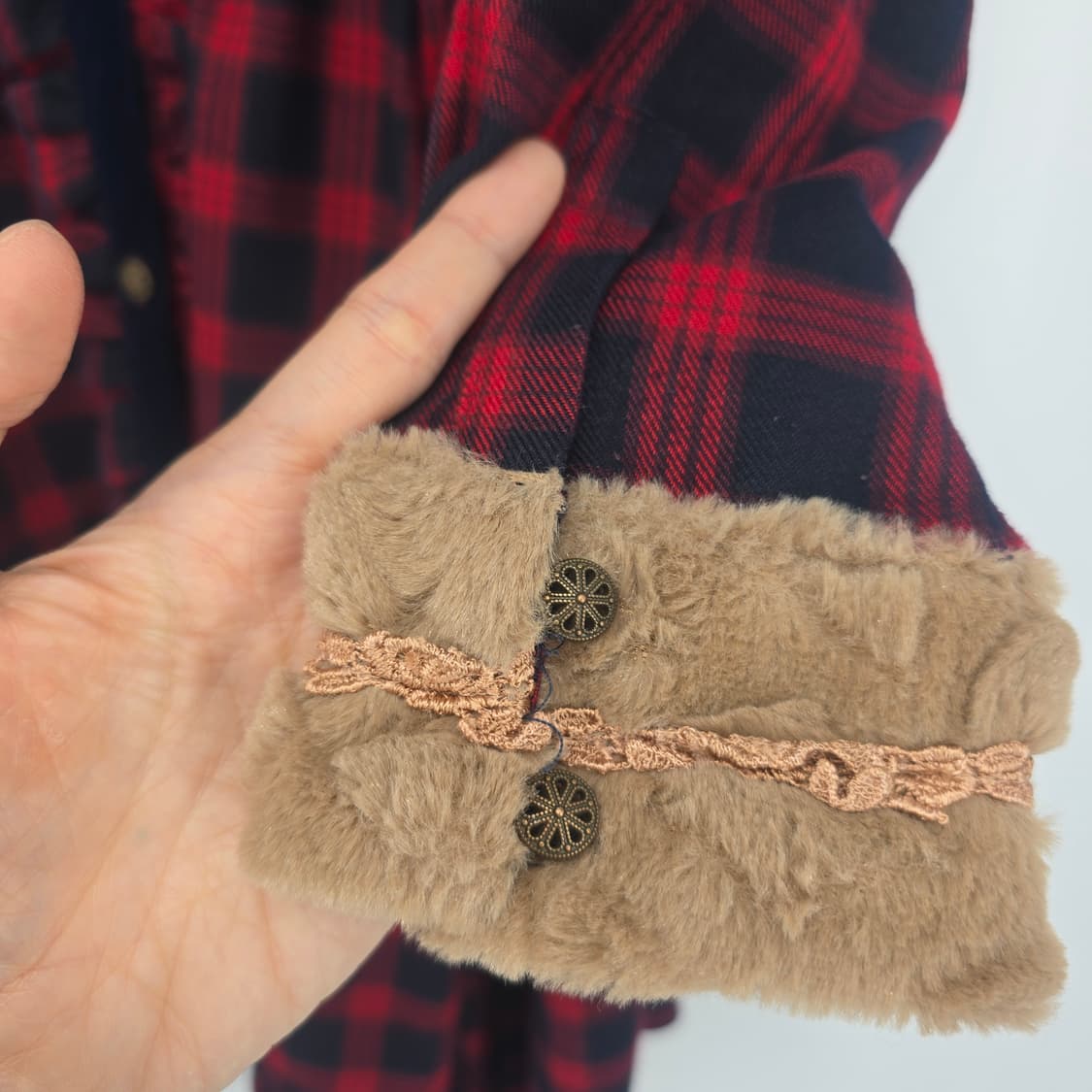 AXESFEMME 체크 원피스 퍼 카라 장식 상품이미지4