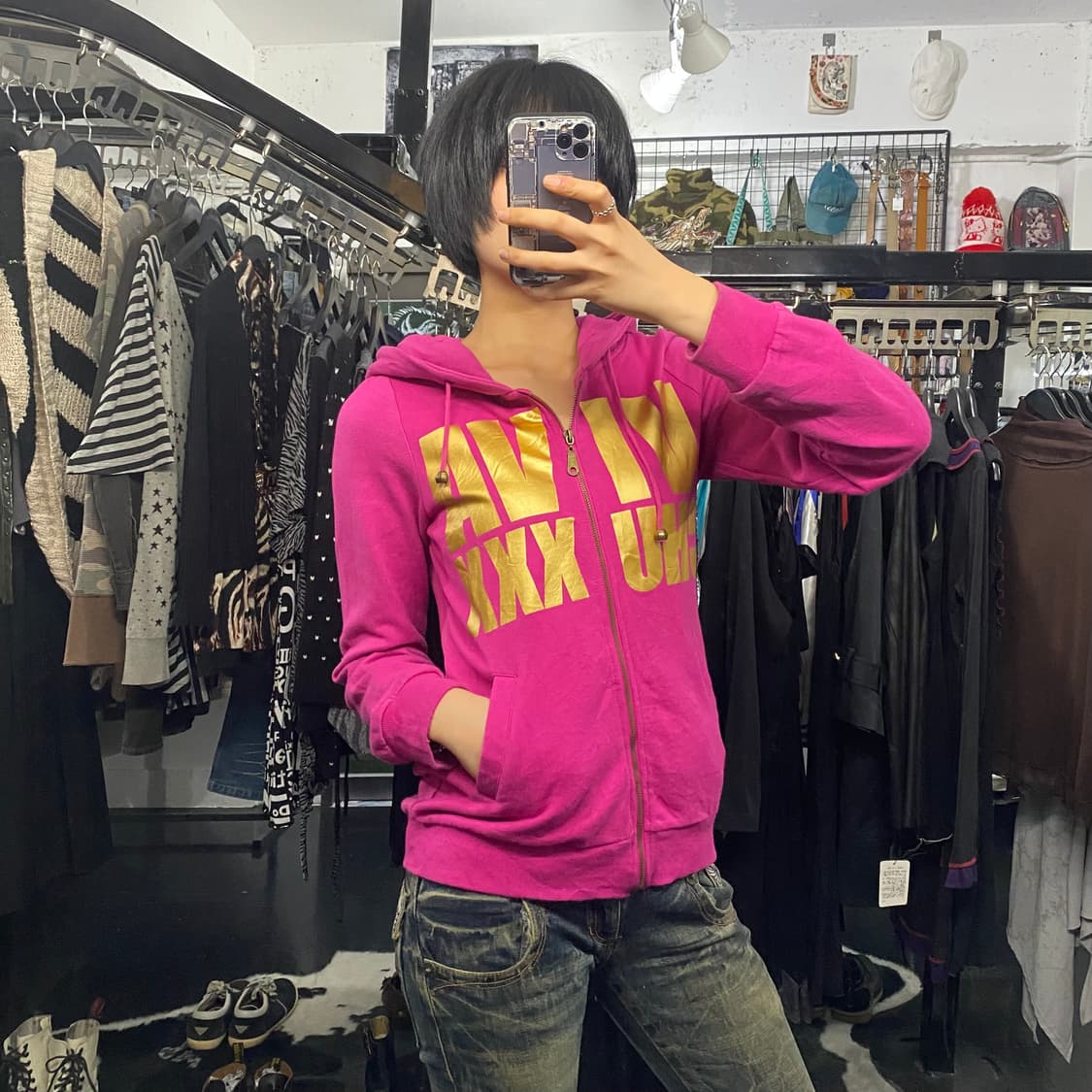 Japanese vtg y2k 골드 레터링 후드집업 상품이미지5