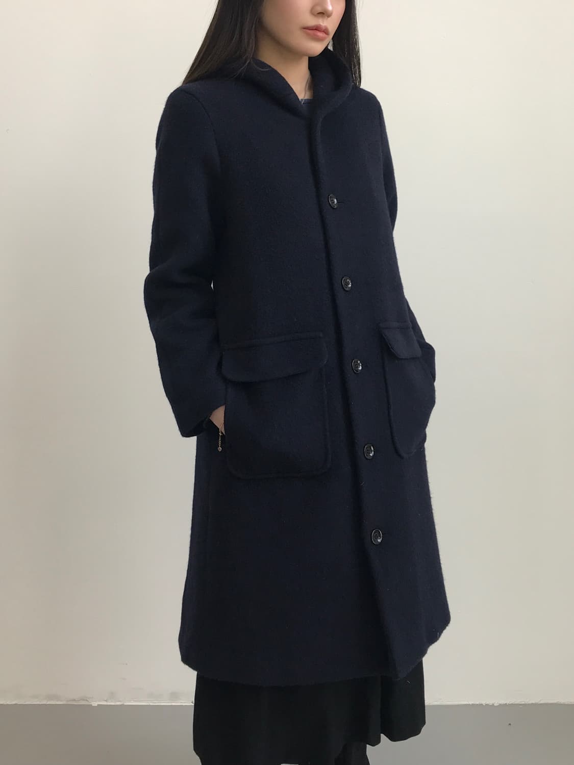 'BEAMS BOY' Navy Wool Hooded Long Coat 상품이미지3