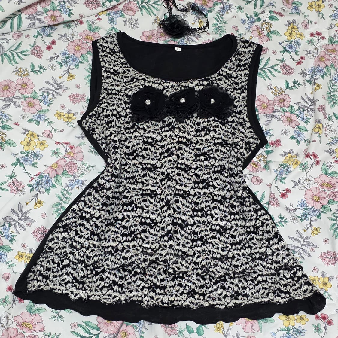 빈티지)블랙 고딕로리타st 레이스플로럴 엑팜깔 프릴 민소매슬리브리스 상품이미지1