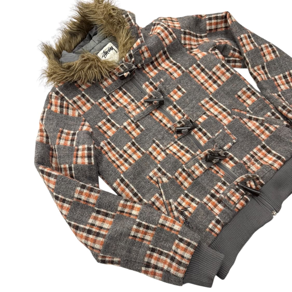 스투시 걸즈 체크 패디드 퍼 자켓 그레이/오렌지 상품이미지4