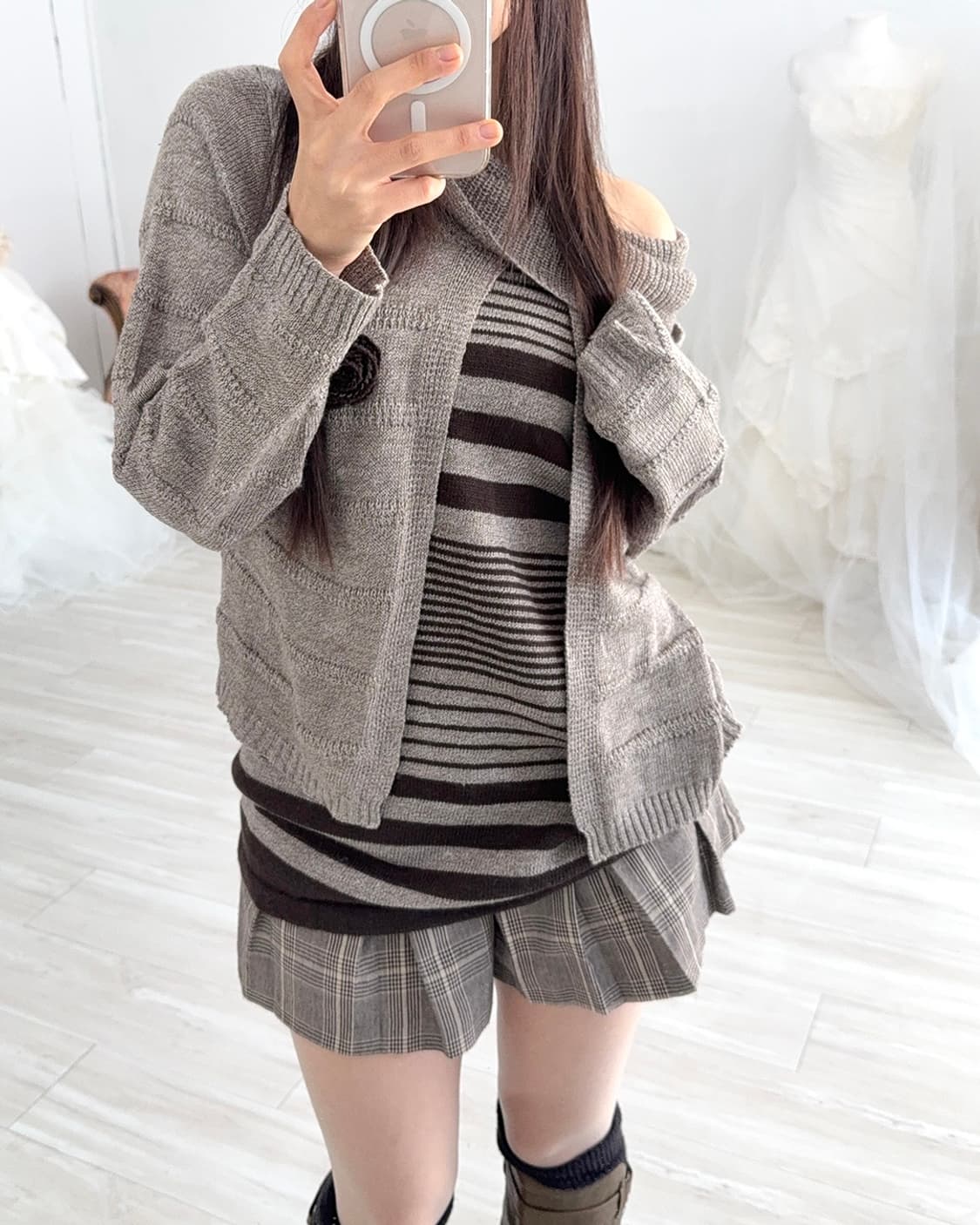 Mocha mousse check midi skirt pants  상품이미지7