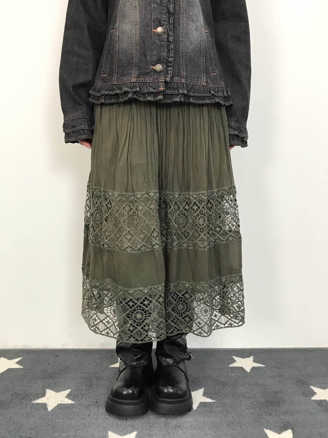 Jpn Olive Green Pleated Lace Maxi Skirt 상품이미지1