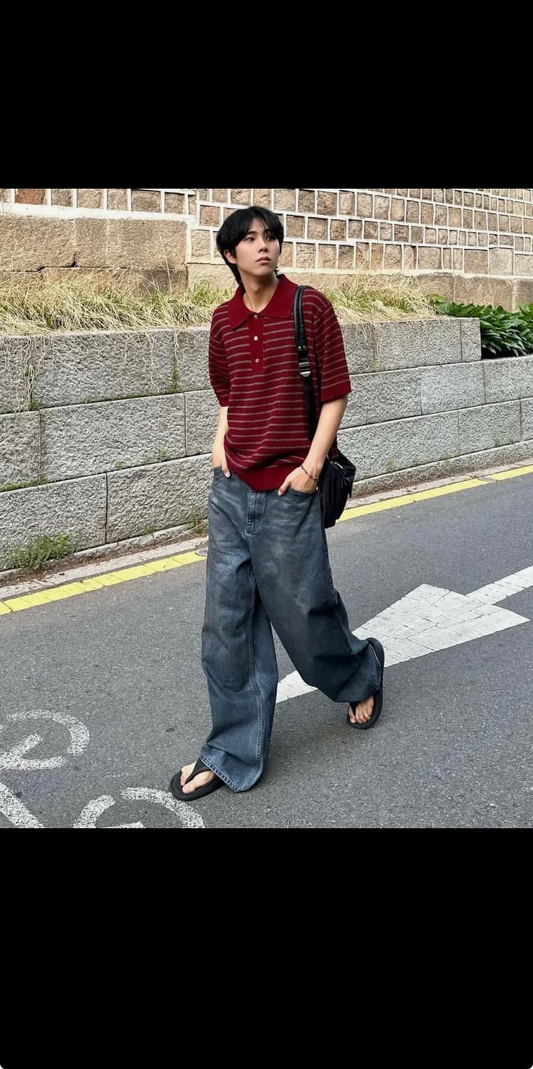 인템포무드 허니비 스트라이프 칼라 니트웨어_와인 M 상품이미지1