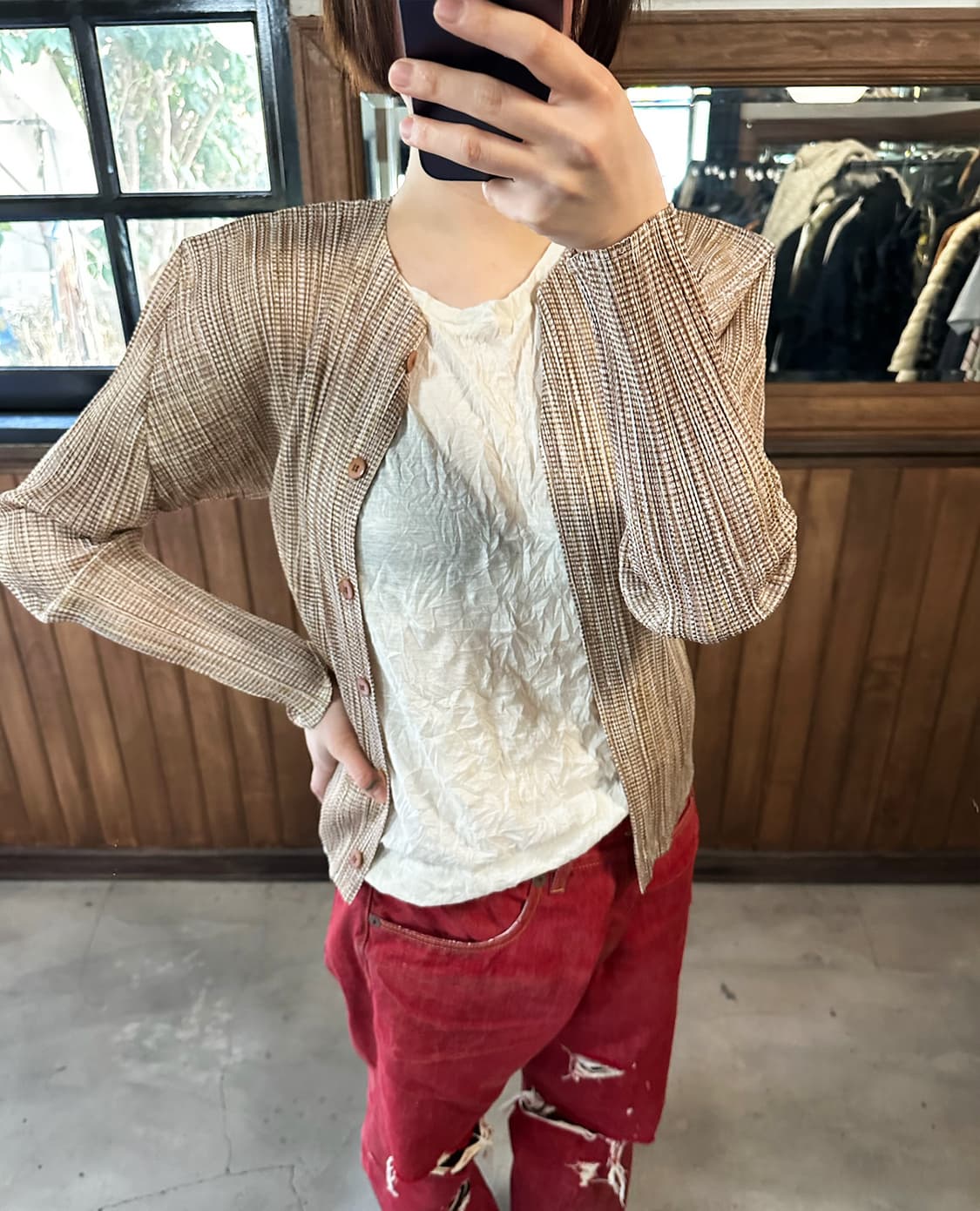 PLEATS PLEASE brown micro check cardigan 상품이미지2